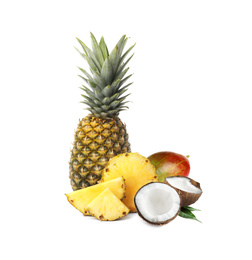 Image of Ripe juicy pineapple, coconut and mango on white background