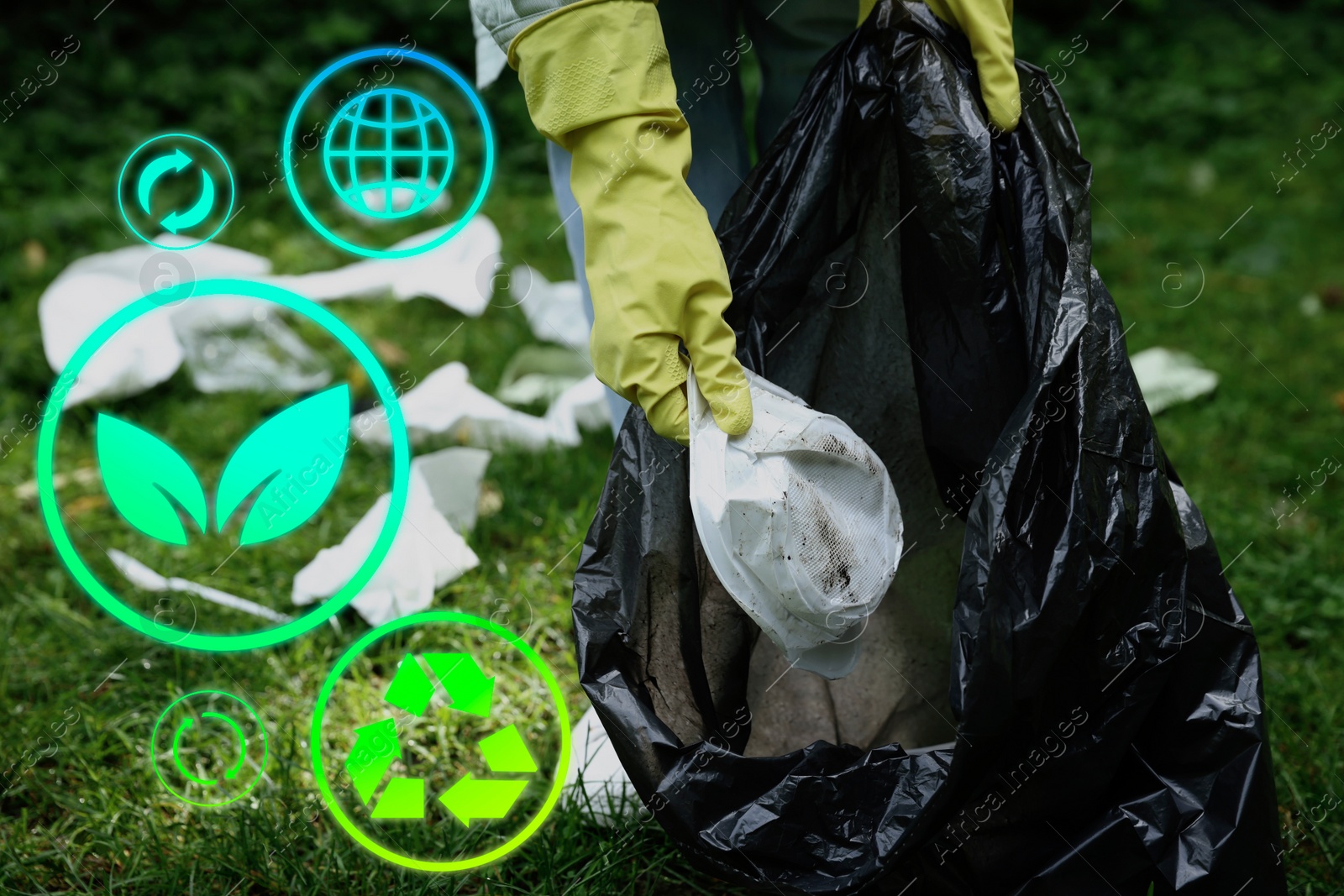 Image of Woman with trash bag picking up garbage in nature, closeup. Recycling and other icons near her