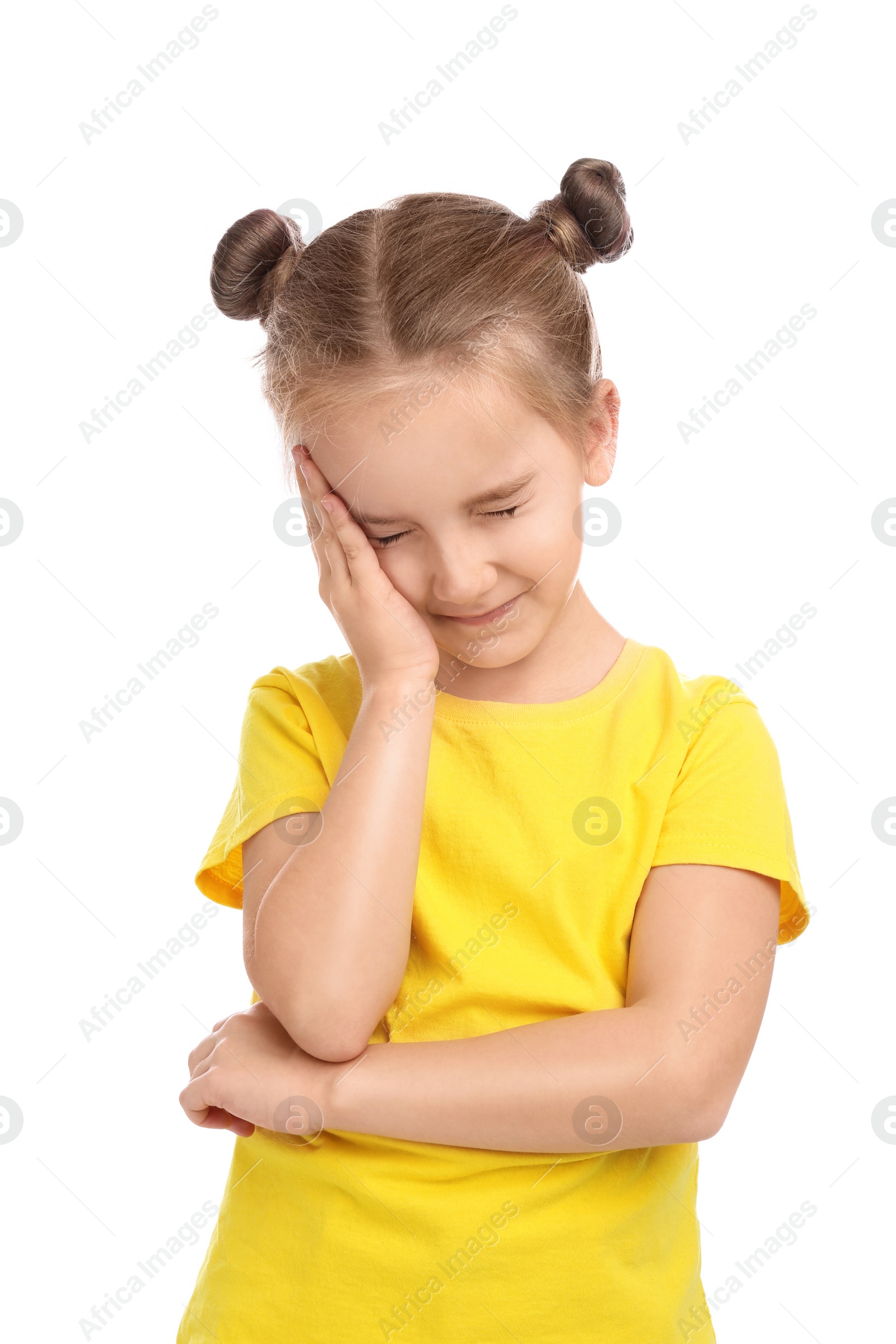 Photo of Cute little girl posing on white background