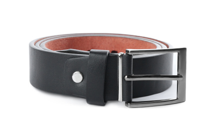 Stylish black leather belt isolated on white