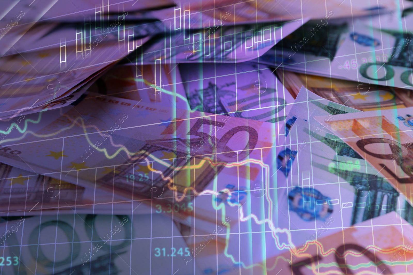 Image of Concept of bonds. Many euro banknotes as background, closeup