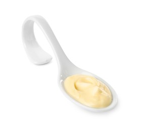 Photo of Mayonnaise in ceramic serving spoon isolated on white