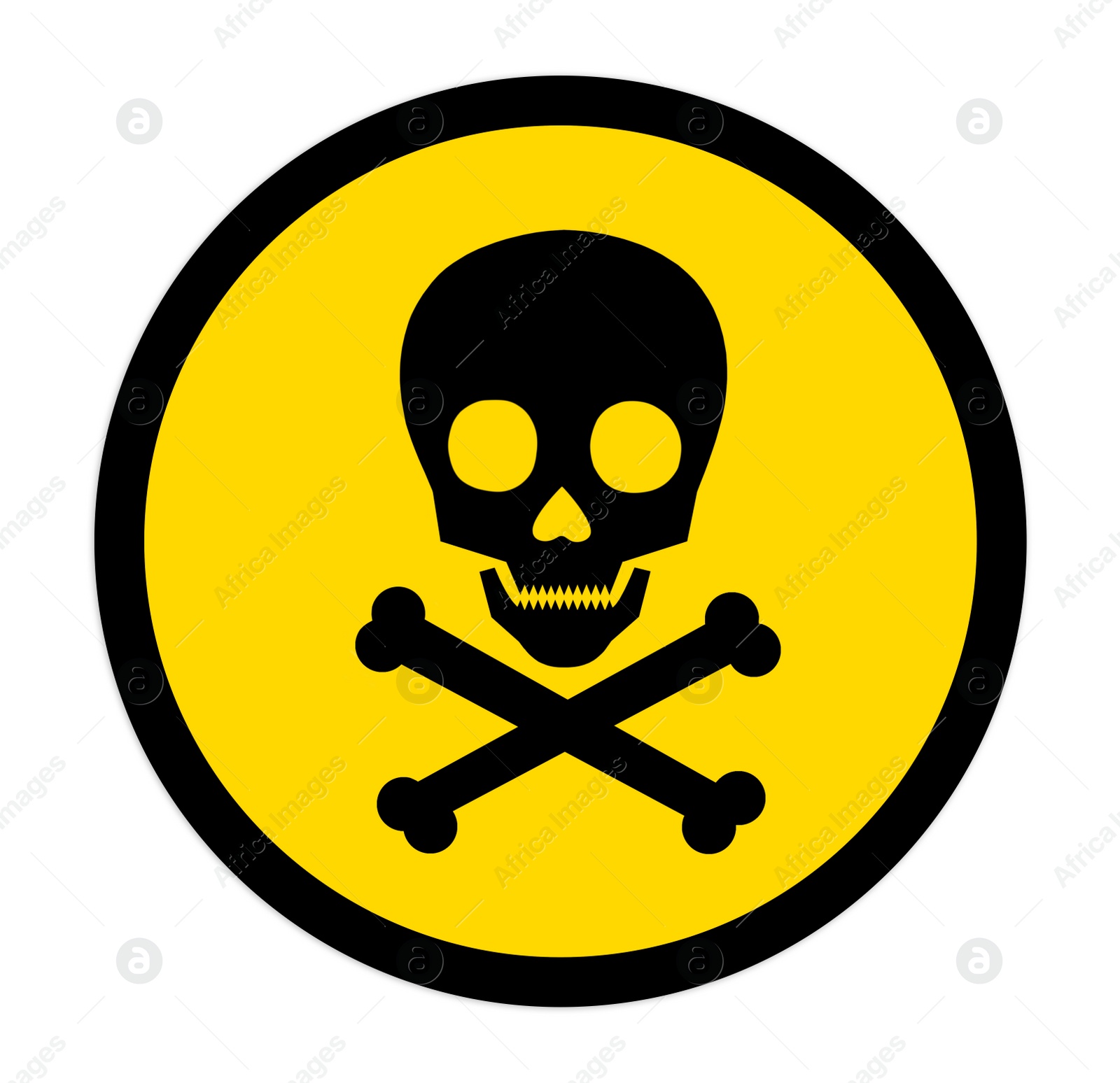 Illustration of Skull and crossbones in yellow circle on white background as warning symbol