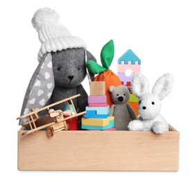 Photo of Wooden crate with different cute toys on white background