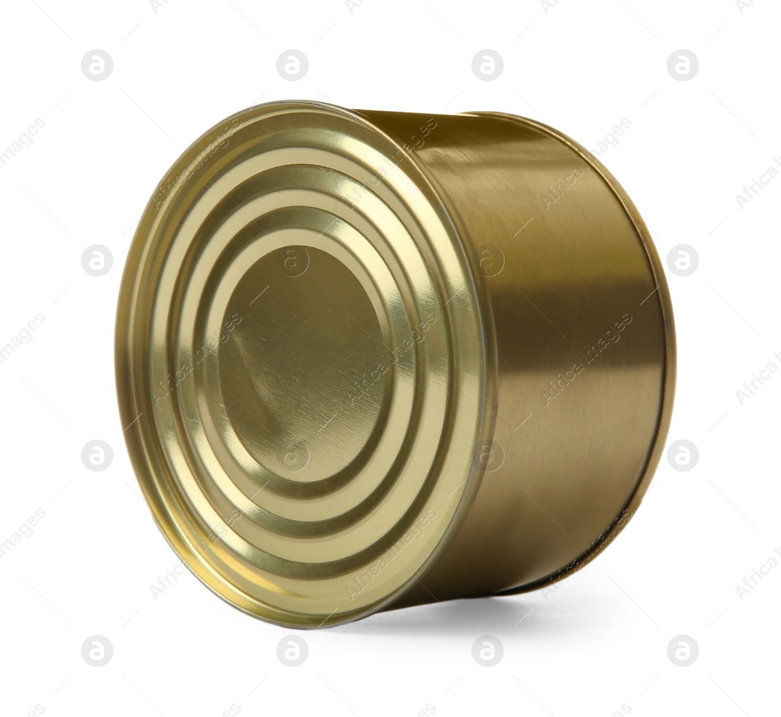 Photo of Closed tin can isolated on white, mockup for design