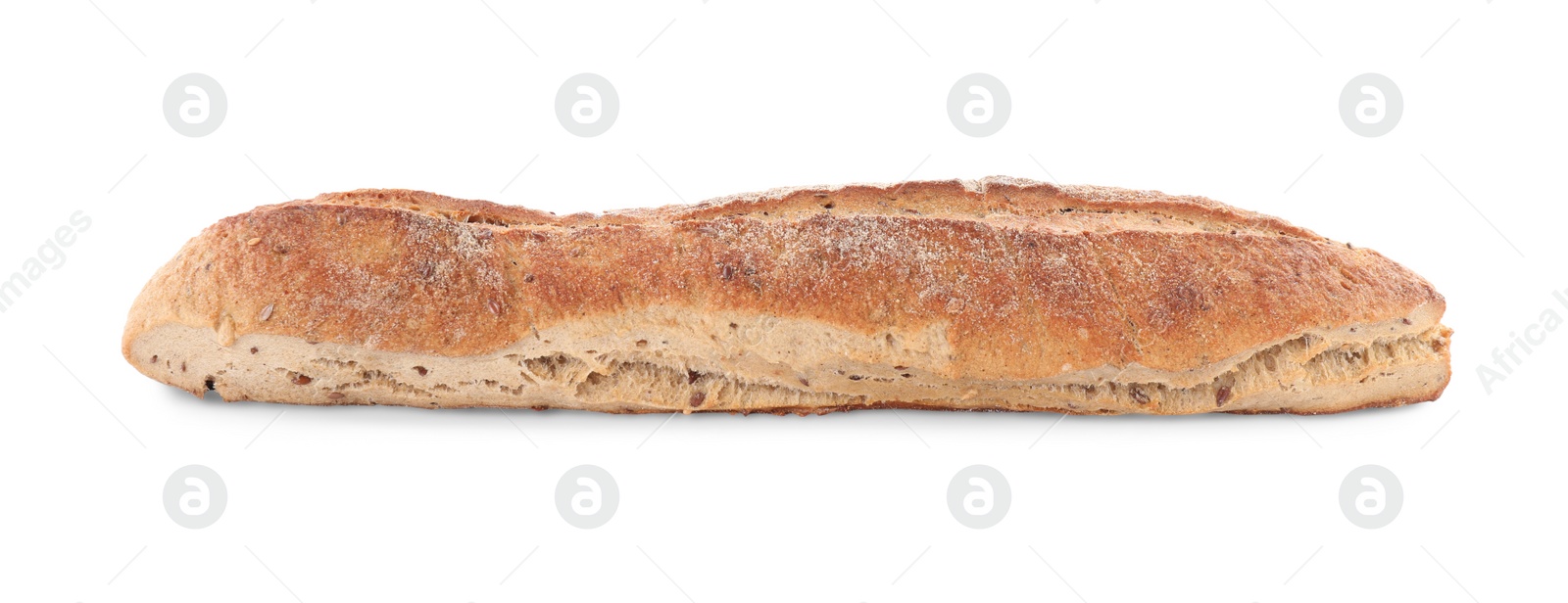 Photo of Tasty buckwheat baguette isolated on white. Fresh bread