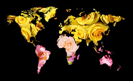 Image of World map made of beautiful flowers on black background, banner design