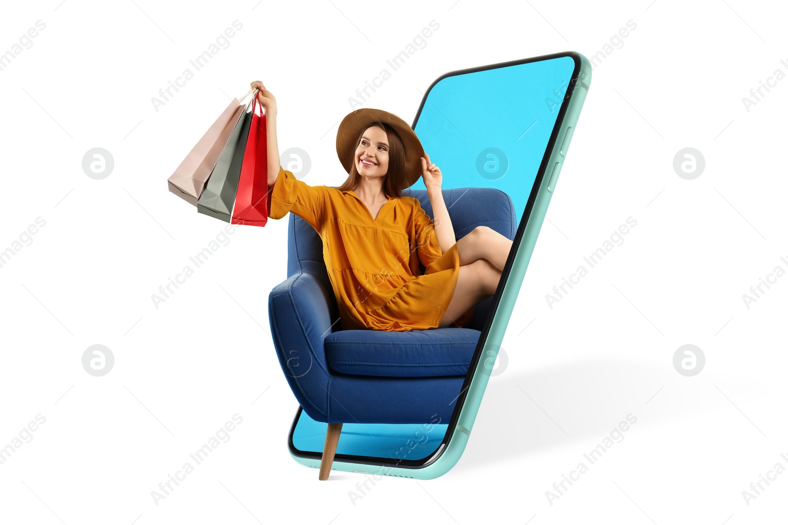 Image of Online shopping. Happy woman with paper bags in armchair looking out from smartphone on white background