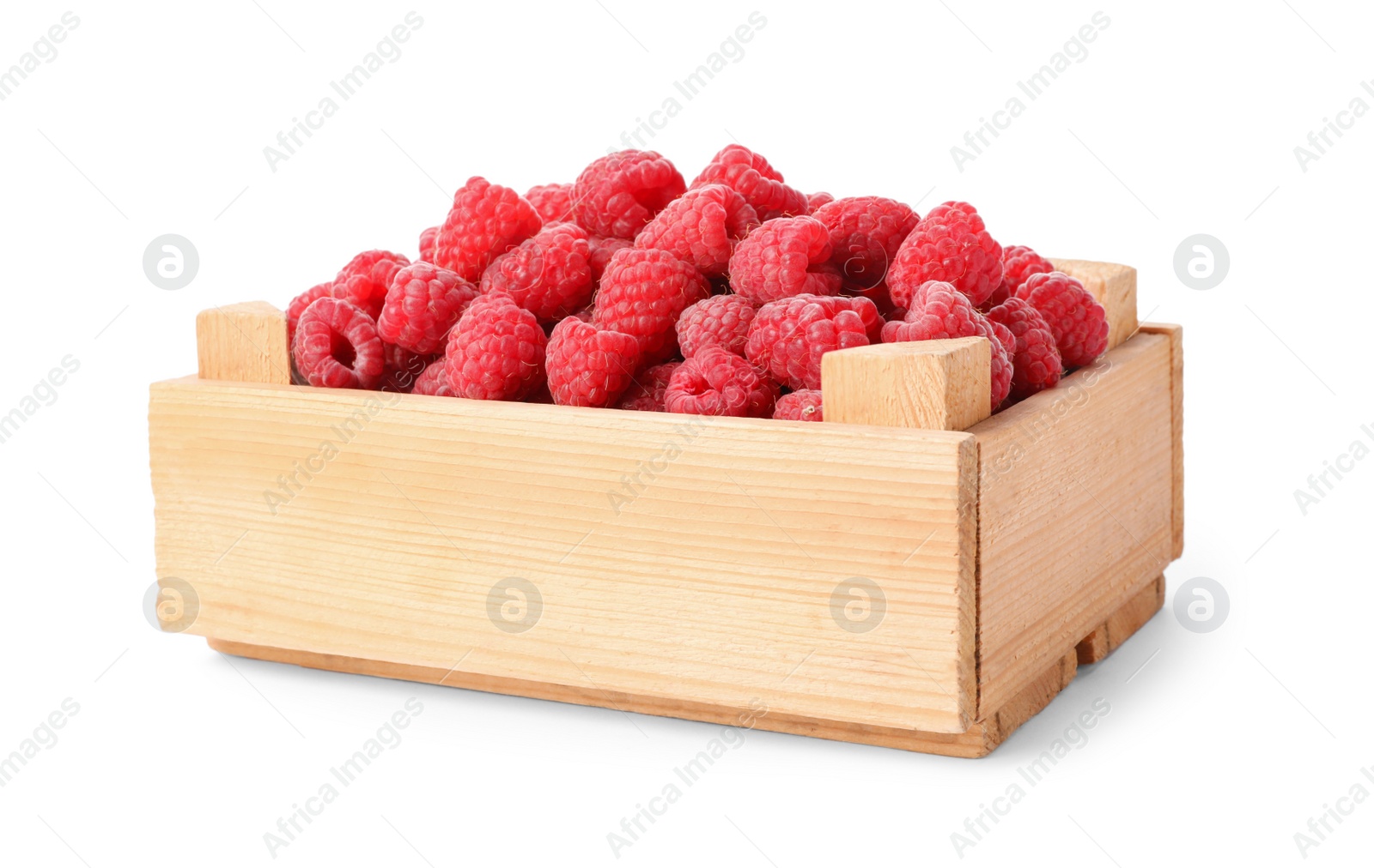 Photo of Wooden crate of delicious fresh ripe raspberries on white background