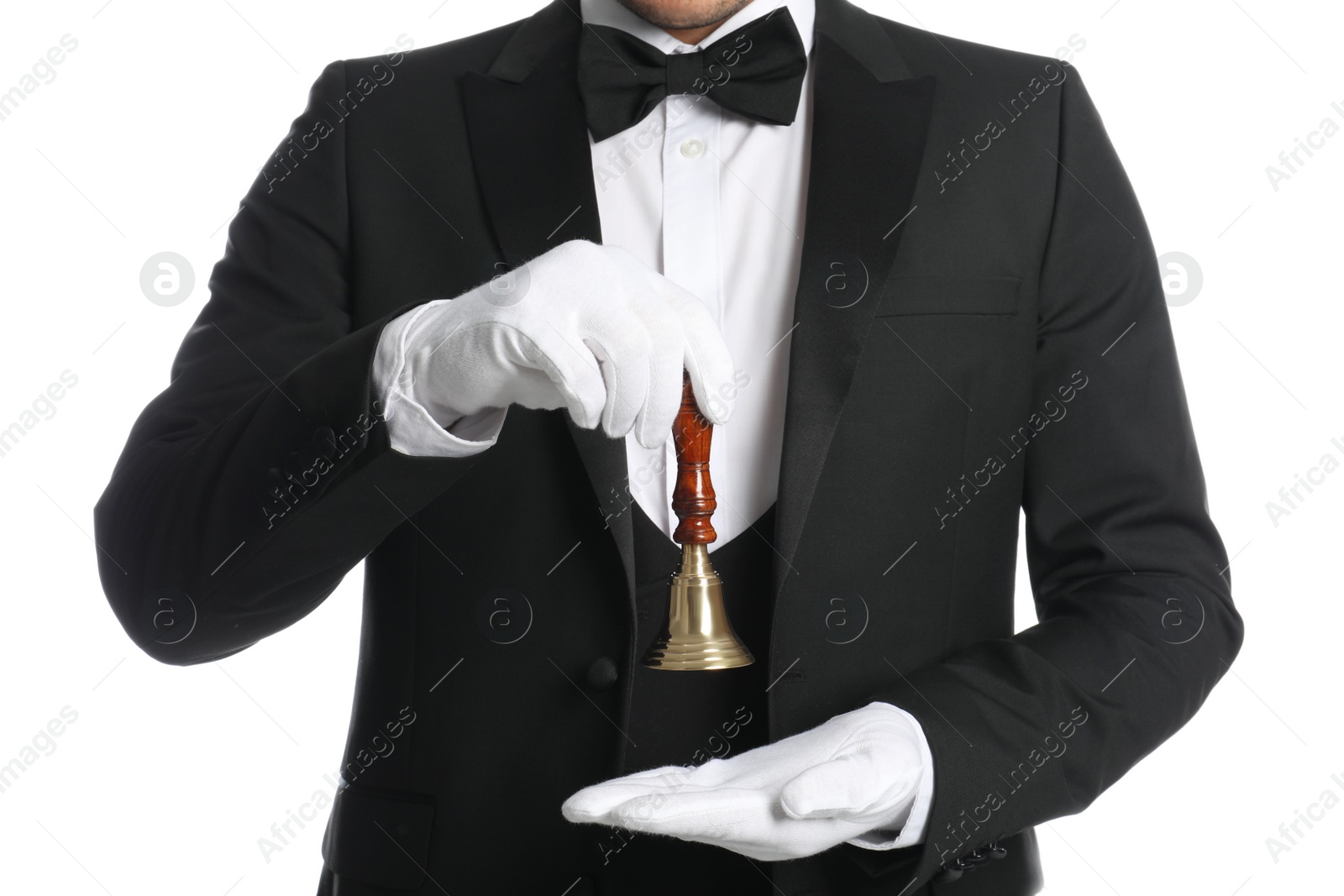 Photo of Butler holding hand bell on white background, closeup