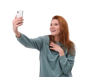 Photo of Beautiful woman taking selfie on white background