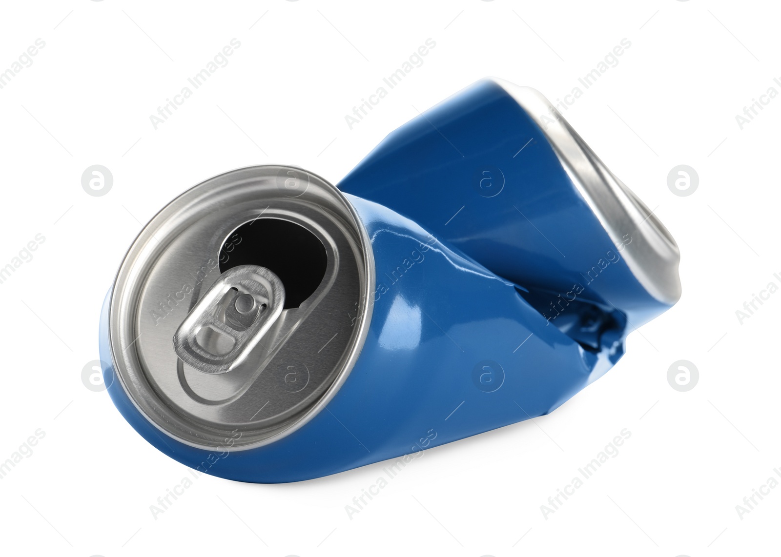 Photo of Blue crumpled can with ring isolated on white