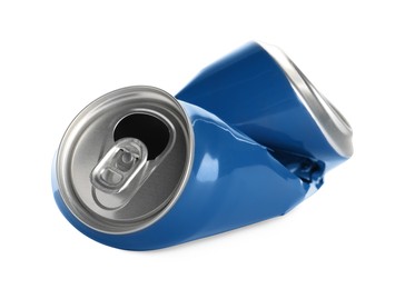 Photo of Blue crumpled can with ring isolated on white
