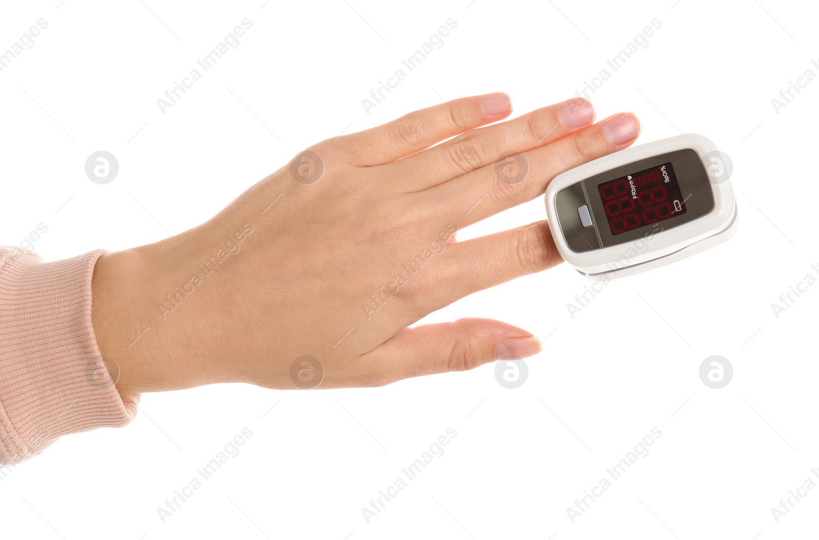 Photo of Woman using pulse oximeter for oxygen level testing on white background, closeup