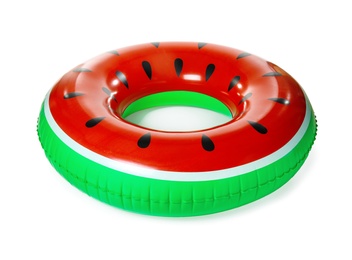 Photo of Bright inflatable ring on white background. Summer holidays