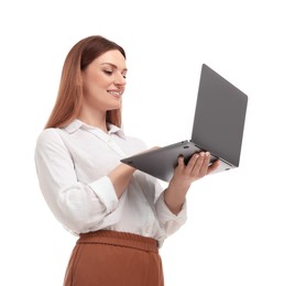 Photo of Beautiful businesswoman with laptop on white background, low angle view