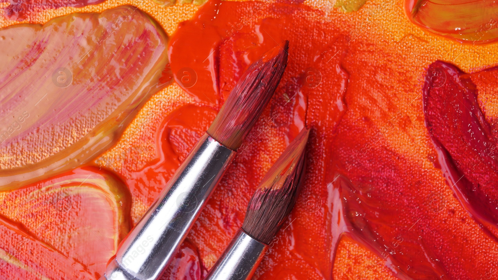 Photo of Brushes on artist's palette with mixed paints, top view