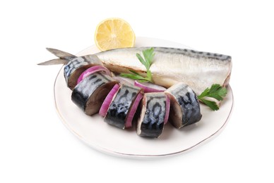 Photo of Plate with tasty salted mackerel, onion, parsley and lemon isolated on white