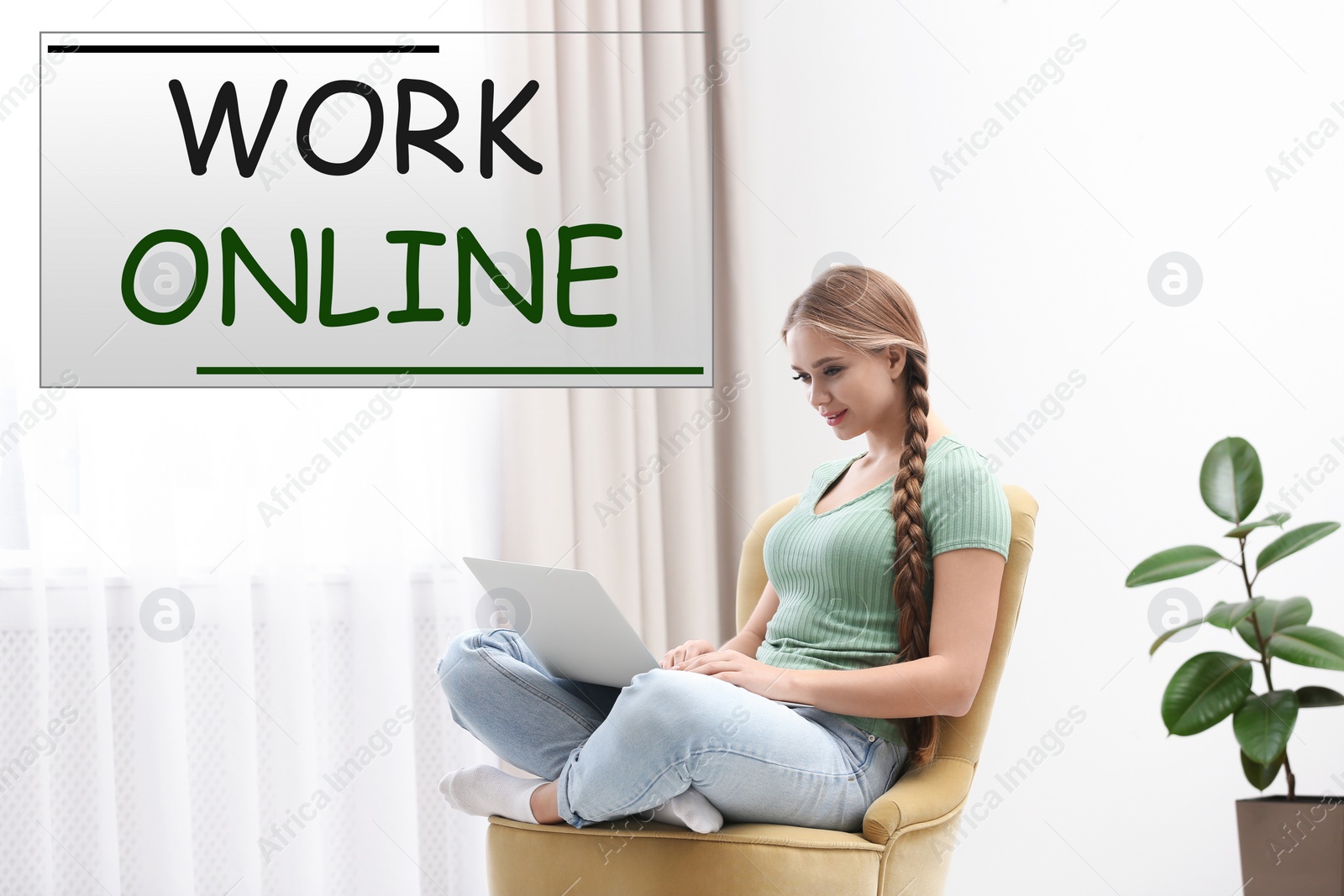 Image of Young woman with laptop in room. Work from home