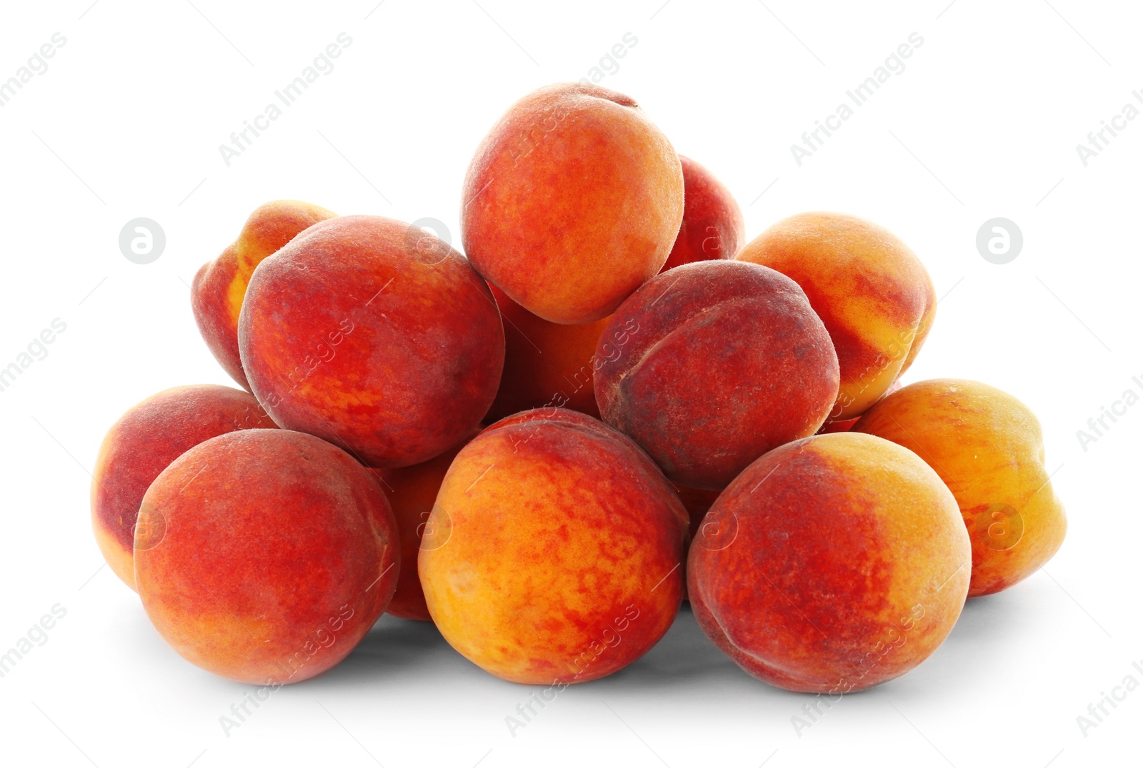 Photo of Fresh sweet peaches on white background