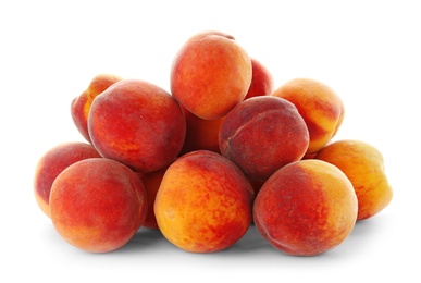 Photo of Fresh sweet peaches on white background