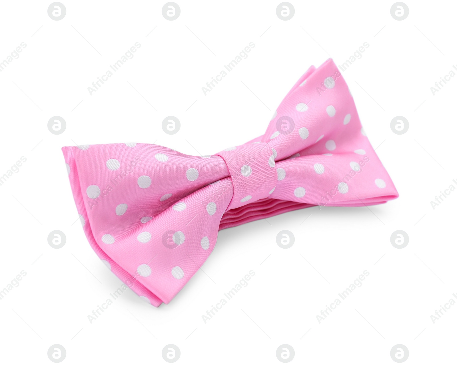 Photo of Stylish pink bow tie with polka dot pattern on white background