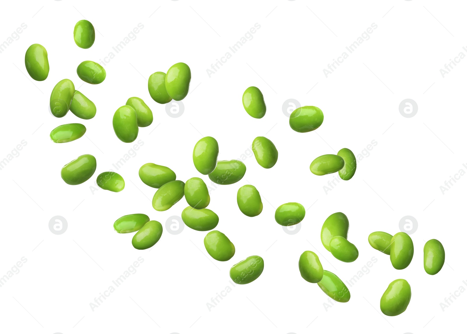 Image of Delicious edamame soybeans flying on white background