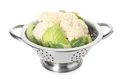 Photo of Metal colander with cauliflower isolated on white