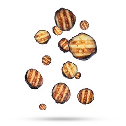 Image of Slices of grilled eggplants in air on white background