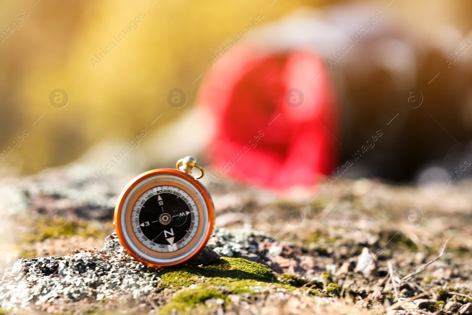 Photo of Compass on rock against blurred background, space for text. Camping equipment