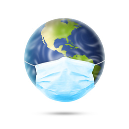 Image of Illustration of Earth with medical mask on white background. Dangerous coronavirus