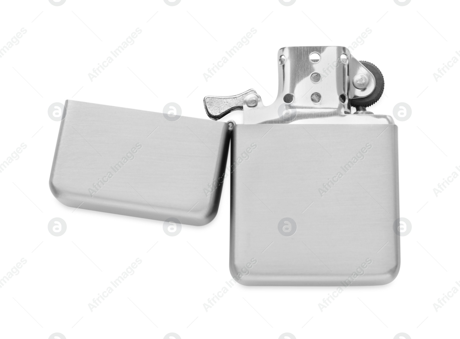 Photo of Gray metallic cigarette lighter isolated on white, top view