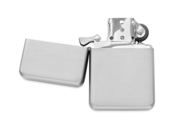 Photo of Gray metallic cigarette lighter isolated on white, top view