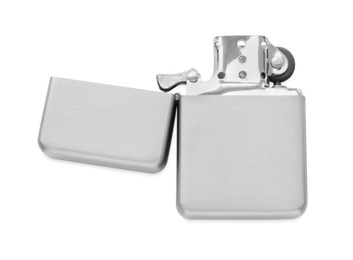 Gray metallic cigarette lighter isolated on white, top view