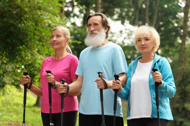 Photo of Group of senior people with Nordic walking poles outdoors. Low angle view