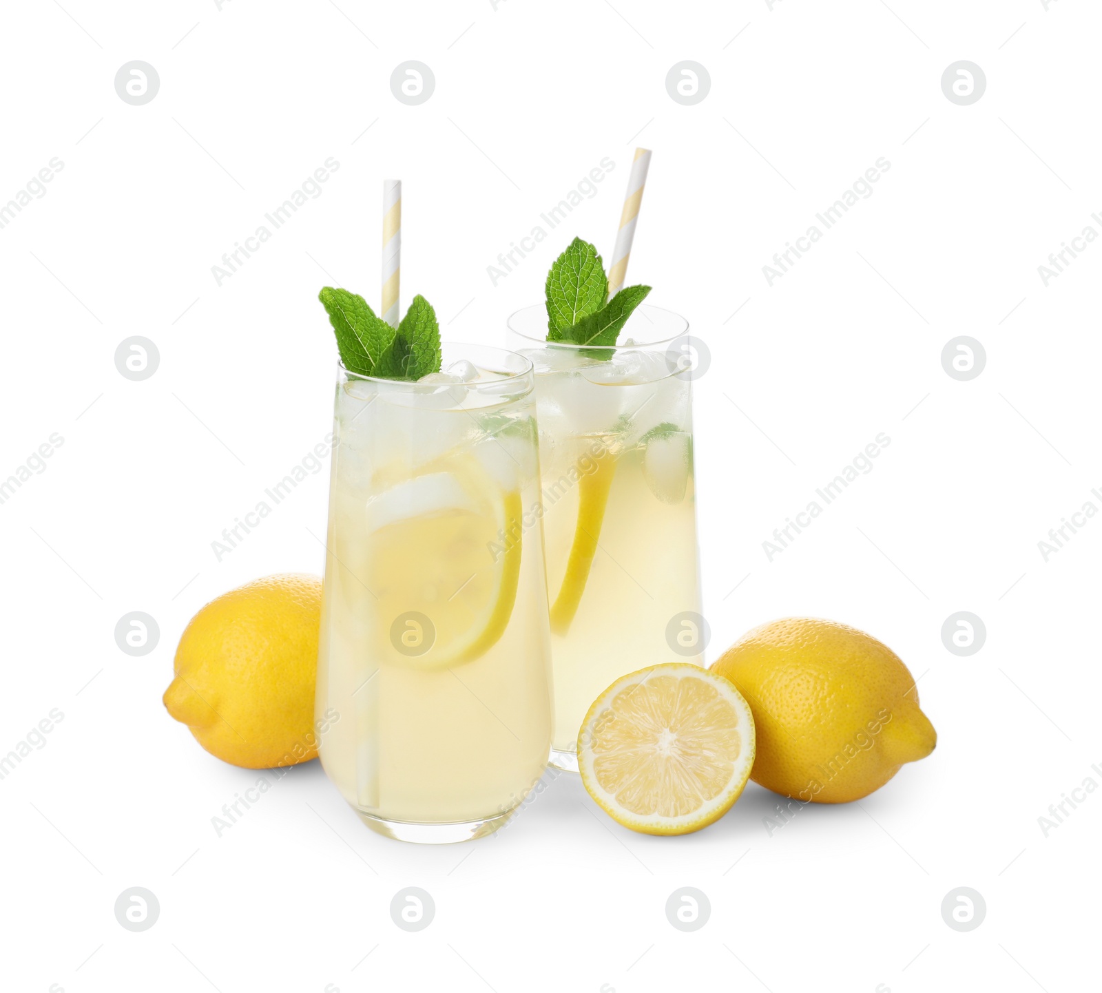 Photo of Natural lemonade with mint and fresh fruits on white background. Summer refreshing drink