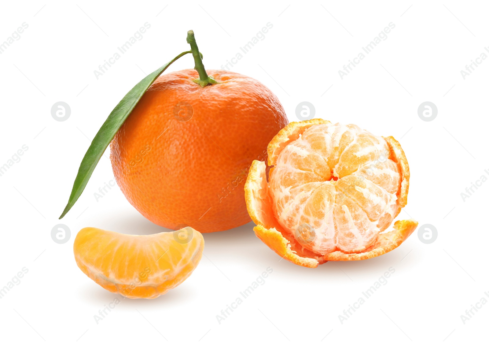 Image of Tasty ripe tangerines and green leaf on white background