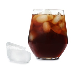 Photo of Glass of refreshing cola with ice cubes on white background