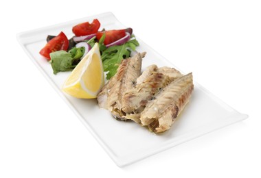 Photo of Plate with delicious canned mackerel fillets, lemon and salad on white background, closeup