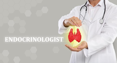 Image of Diagnosis and treatment of thyroid diseases. Endocrinologist holding virtual unhealthy gland on light grey background, closeup. Banner design