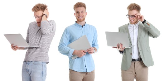 Image of Collage with photos of man holding modern laptops on white background. Banner design