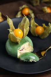 Photo of Delicious mousse cake decorated with physalis fruit on plate, closeup