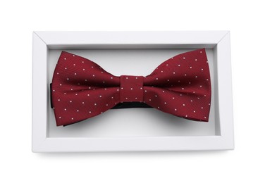 Stylish burgundy bow tie with polka dot pattern on white background, top view