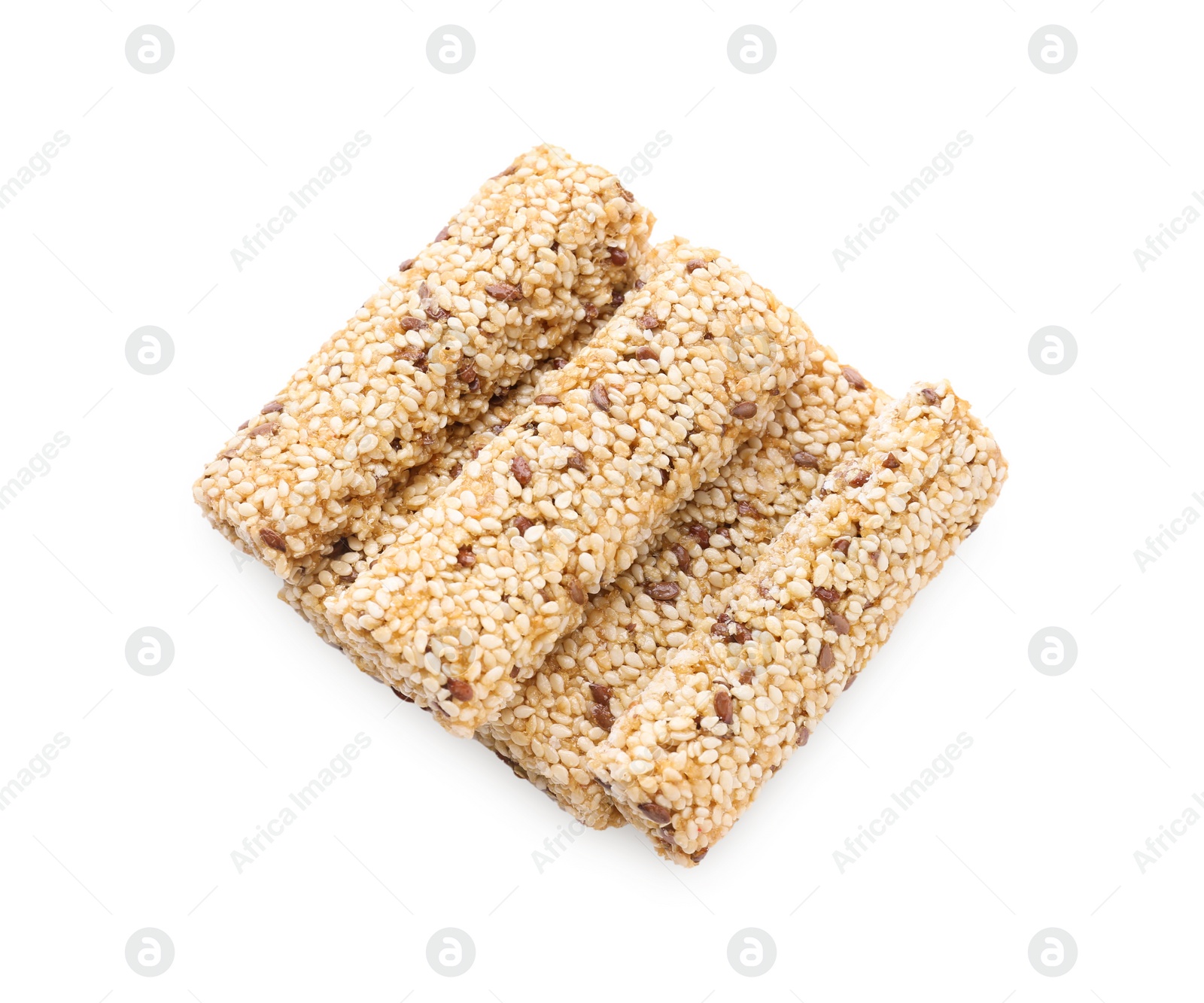 Photo of Tasty sesame seed bars isolated on white