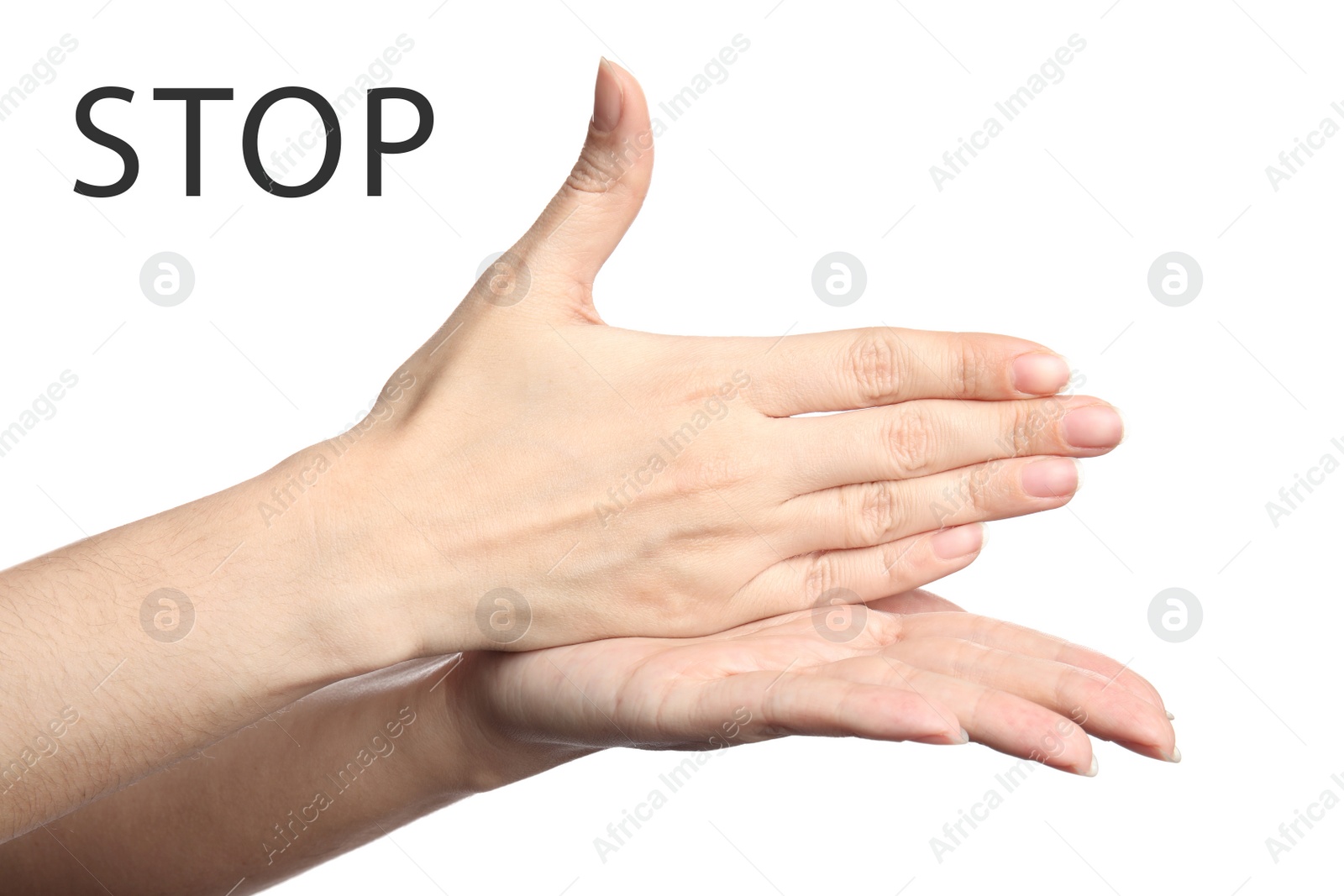 Image of Woman showing word Stop on white background, closeup. American sign language