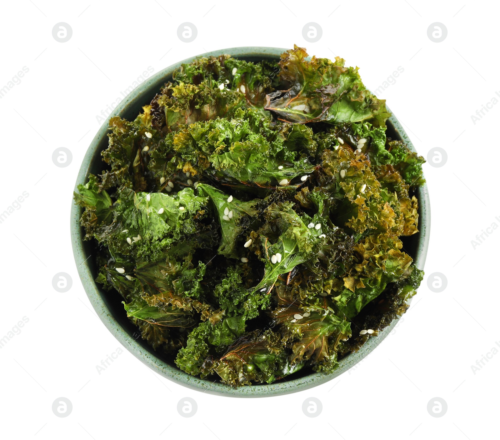 Photo of Tasty baked kale chips isolated on white, top view