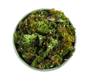 Photo of Tasty baked kale chips isolated on white, top view