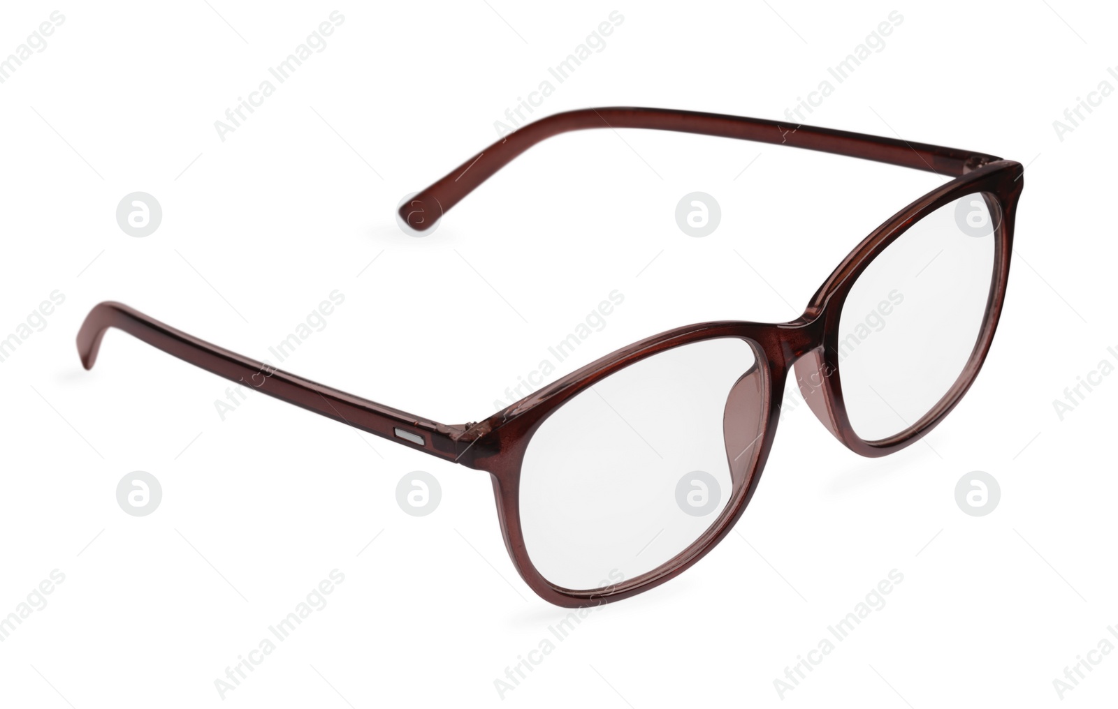 Photo of Stylish glasses with brown frame isolated on white