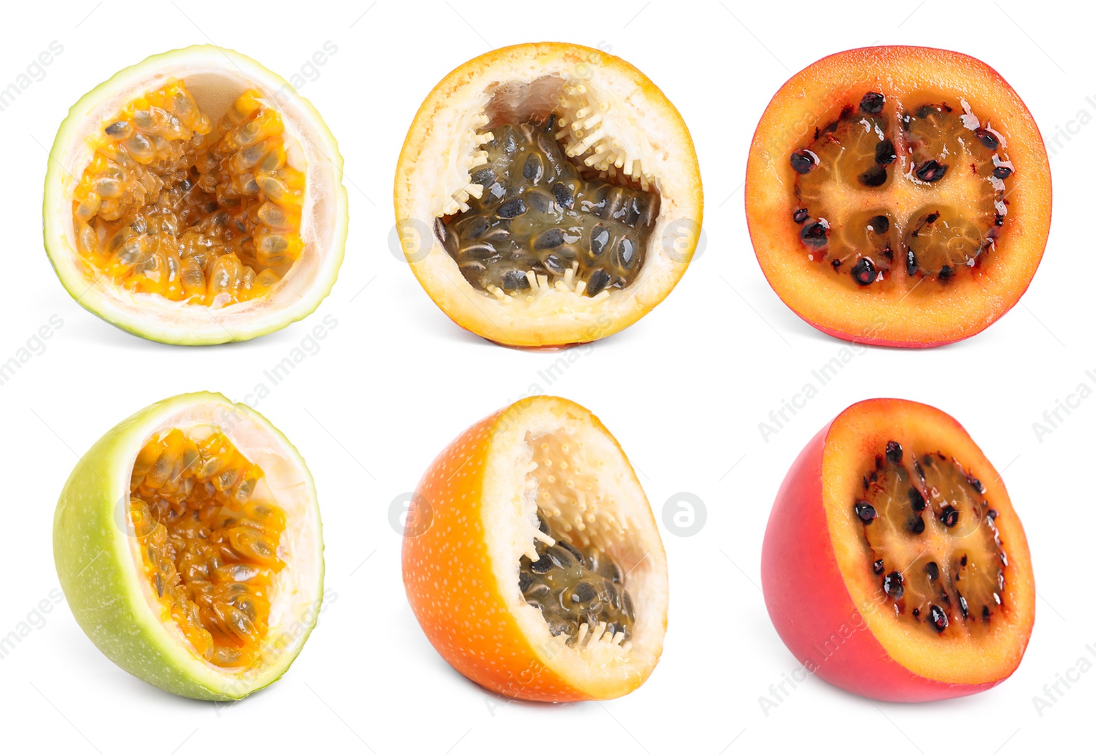 Image of Set with different delicious cut exotic fruits on white background