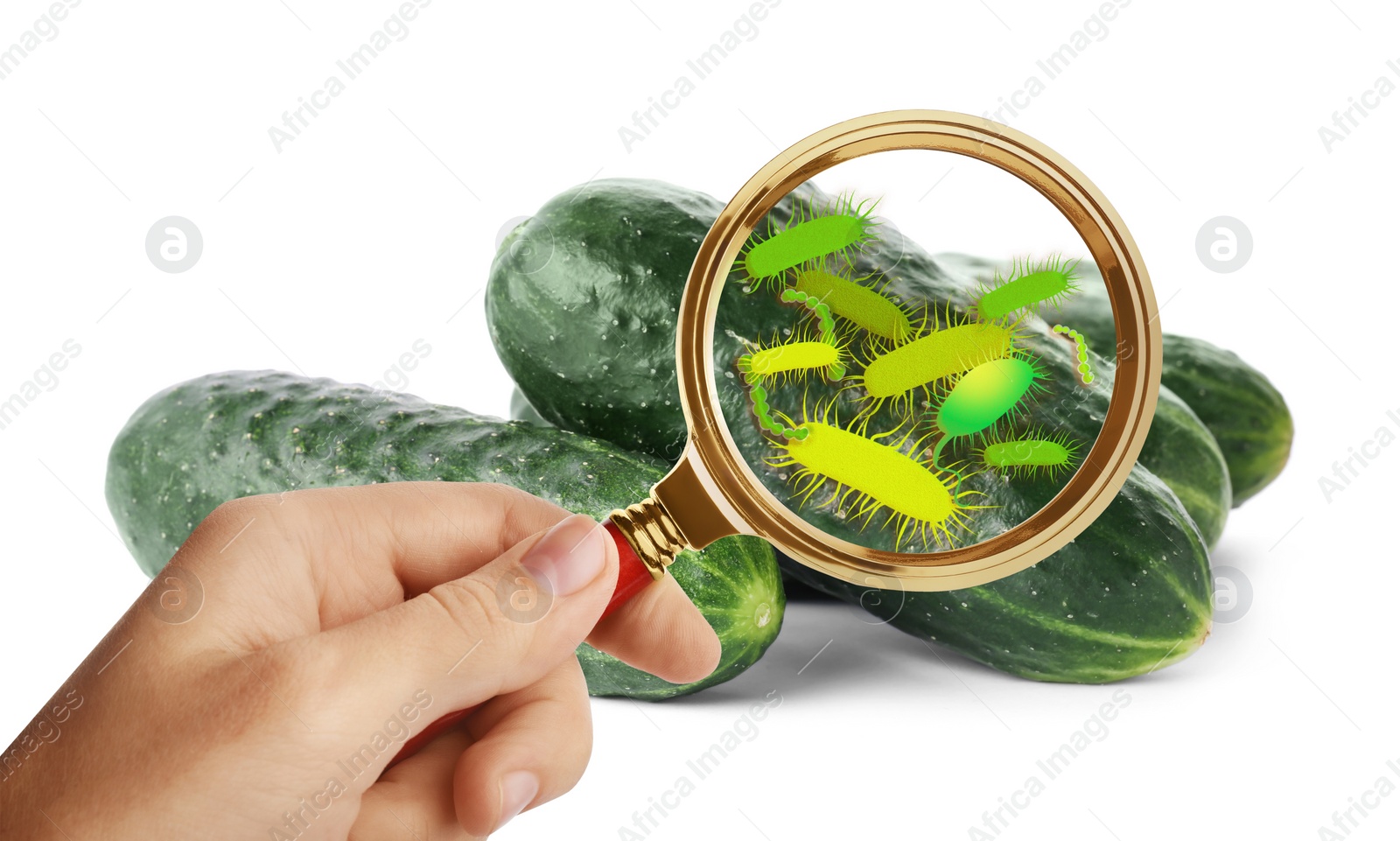 Image of Woman with magnifying glass detecting microbes on white background, closeup. Food poisoning concept  